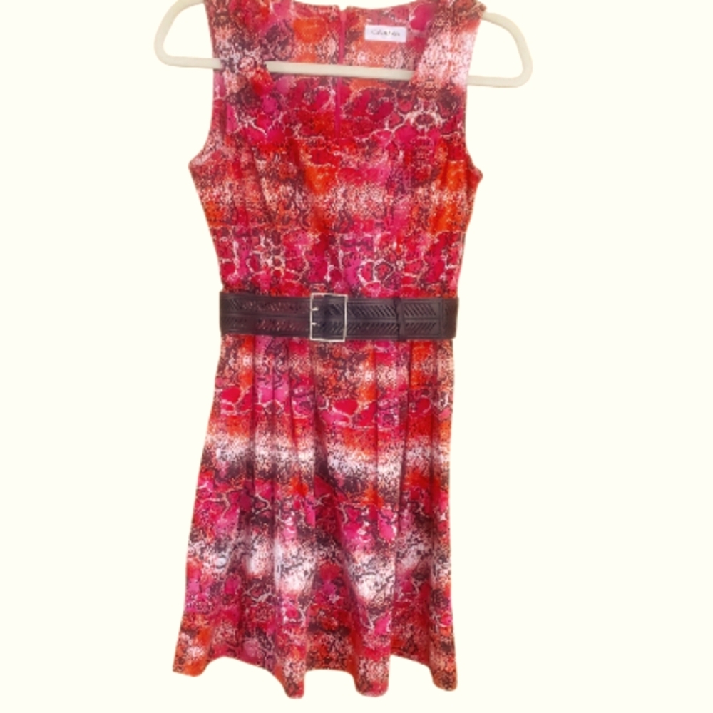 Calvin Klein Scoop Neck Sleeveless Belted Safari  Multi Pink, Orange, Black Sz 2